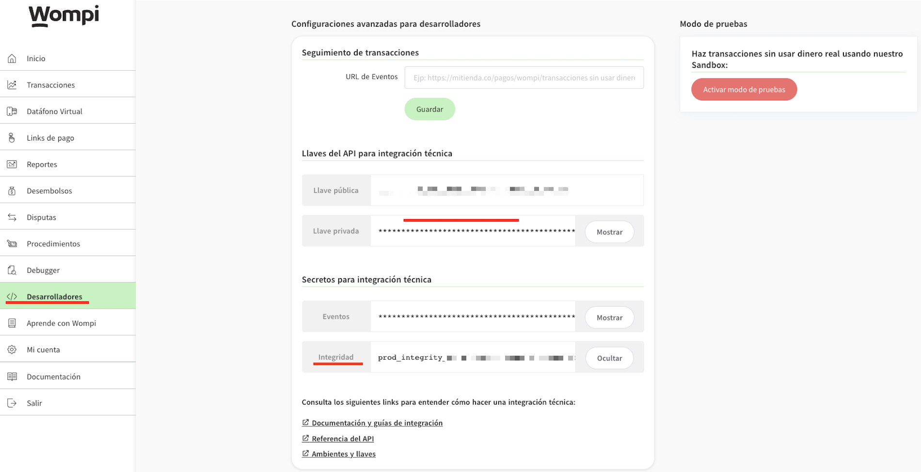 Llave de integridad en Dashboard de Comercios Wompi