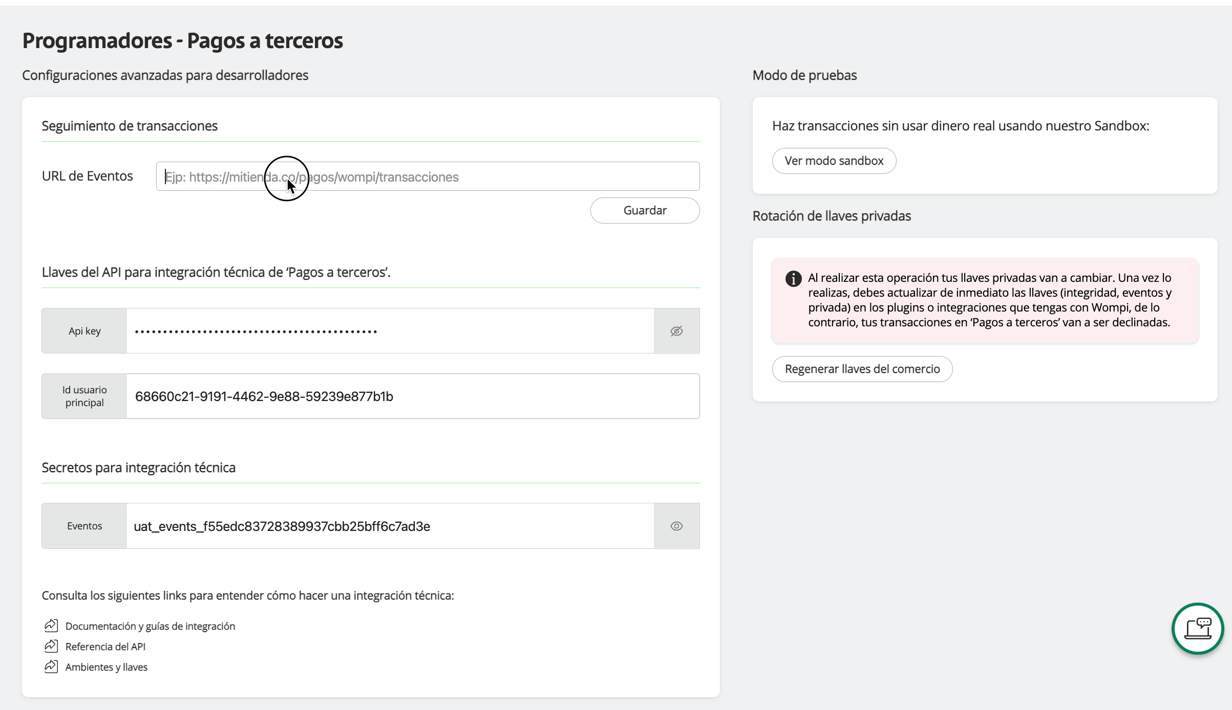Configurar url de eventos